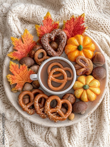 Flat‑lay composition of a tea or coffee cup, pumpkin, apples, pretzels, nuts, and fallen leaves on plaid, set in an autumn background, embodying a cozy food‑filled tea party and harvest concept