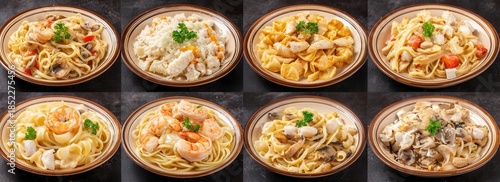 Featuring a range of healthy gourmet meals and beverages, this horizontal collage menu design highlights food and drinks