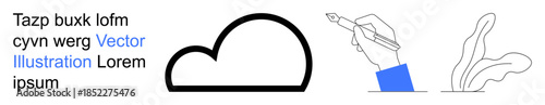 Cloud storage, creative tools, digital media, communication, artistic design, data concepts. Black cloud icon, hand with pen abstract leaf design. Cloud storage and creative tools concepts