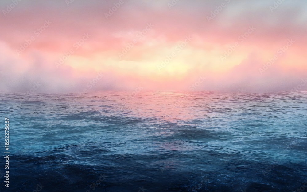 Obraz premium A tranquil seascape at twilight, showcasing gentle waves reflecting soft pink and blue hues as the sun sets below a misty horizon, creating a serene and peaceful atmosphere.