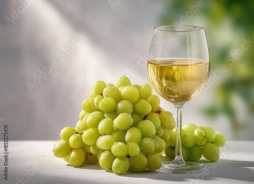 White wine in a glass and a cluster of grapes are placed on a white table