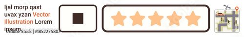 Customer reviews, navigation, evaluation, quality assurance, user feedback, analytics. Star rating system with map and design elements. Customer reviews and navigation concept
