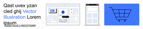 Online shopping, mobile UI design, user experience, e-commerce management, digital marketing, business tools. website interface, shopping cart graphic and mobile screen. Online shopping and UI
