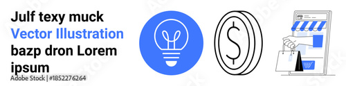 E-commerce, financial systems, innovation, online shopping, small businesses, digital commerce. A light bulb, coin icon and shopping cart with a storefront. E-commerce and financial systems concept