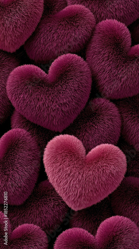 Various shades of plush furry hearts with soft texture creating emotional romantic design full of visual warmth