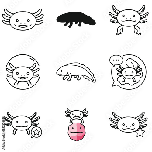 Set of diverse minimalist axolotl illustrations, showcasing different designs from simple faces to full bodies, some with speech bubbles or frames, presented in a clean black and white line art