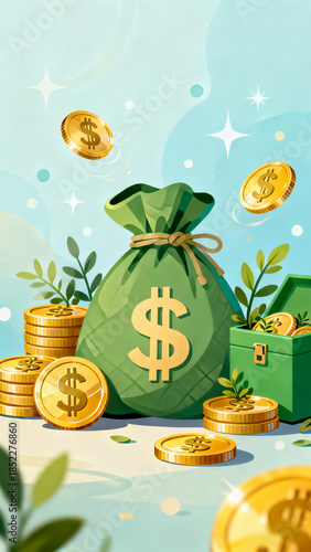 gold coins and green leaves