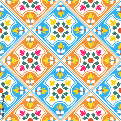 Seamless patchwork pattern. Vintage motif background. Used for ceramic tile, wallpaper, linoleum, textile, web page background.