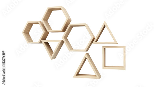 Geometric shaped floating wall shelves made of pine wood for decor isolated on white background 