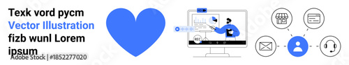 Digital communication, online connection, multimedia, technology, virtual networking, digital interaction. Blue heart and person at computer with network icons. Digital communication and online