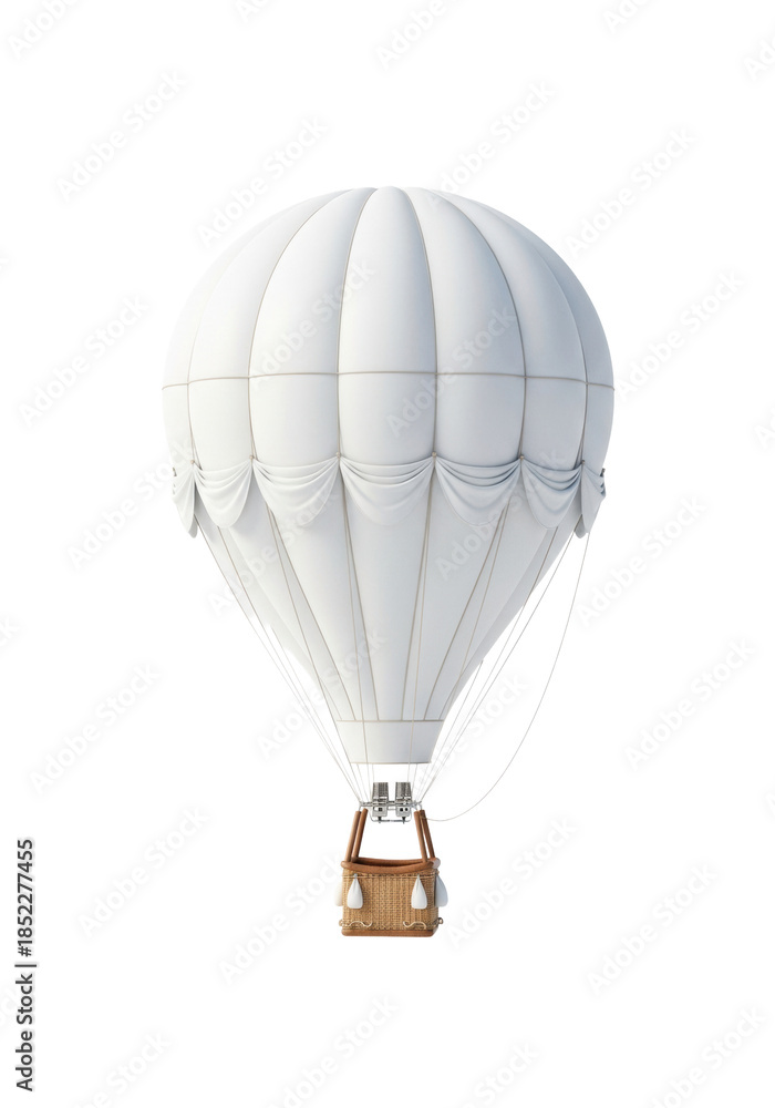 Obraz premium a hyperrealistic 3d render of a transparent hot air balloon with a textured envelope and brown wicker basket, isolated on a seamless transparent studio background concept of travel and freedom