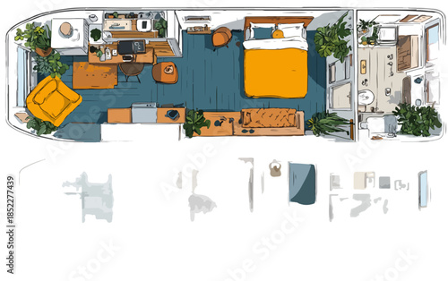 Detailed transparent floor plan illustration of a modern, cozy tiny house interior with bedroom, living room, kitchen, and workspace.
