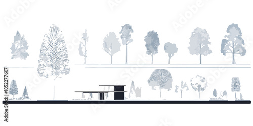 Detailed architectural section drawing showcasing a contemporary building design with diverse tree silhouettes, ideal for transparent overlays.