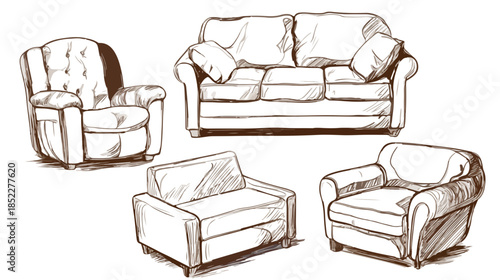 Hand-drawn sketch illustration of various classic living room furniture pieces including sofas and armchairs, perfect for interior design concepts.