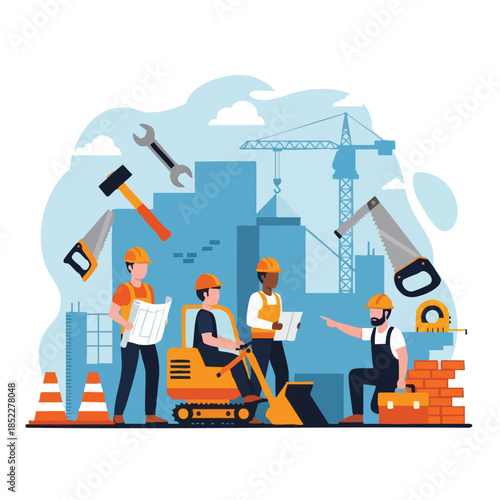 Construction Team Working on Building Site with Crane and Equipment.