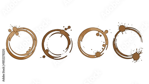 Four brown coffee cup rings with splatters on a white background, representing stains and rings left by beverages.