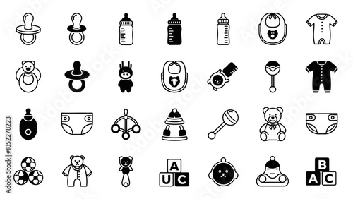 Collection of baby icons pacifiers, bottles, diapers, and toys