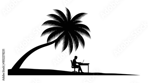 Silhouette of a person working on a laptop under a palm tree on a beach