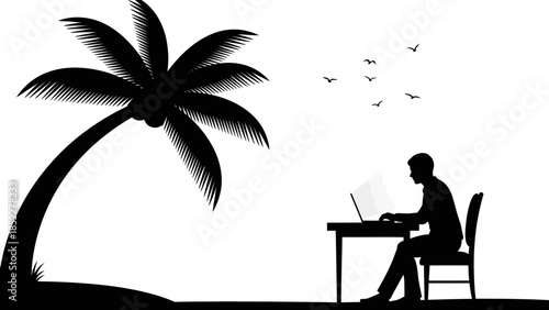 Silhouette of a man working on a laptop at a desk under a palm tree on a beach with birds flying overhead.