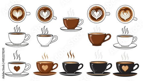 Collection of various coffee cups with different designs, steam, and latte art.