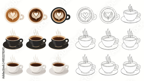 Assortment of Coffee Cups with Latte Art and Steam, Hand-Drawn Illustrations