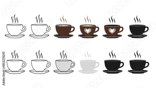 A collection of twelve steaming cups of coffee in various colors and designs, presented on saucers.