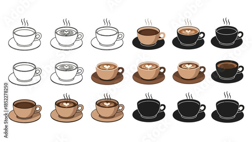 A Collection of Coffee Cup Illustrations Hot Beverages in Various Styles and Colors