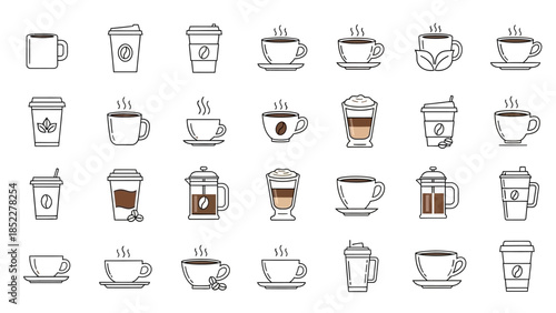 Collection of coffee icons, including cups, mugs, and to-go containers.