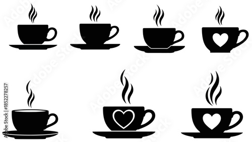 A collection of seven black silhouette illustrations of steaming coffee cups on saucers, with some featuring heart designs.