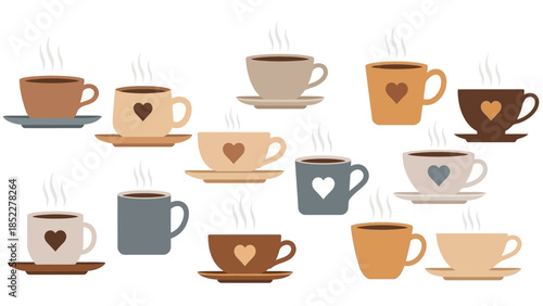 Collection of Various Coffee Cups with Steam Rising - Hot Beverage Illustration