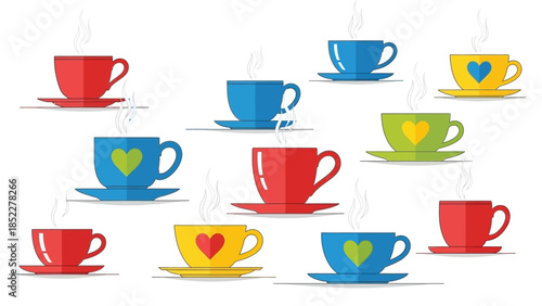 Colorful illustration of various teacups with steam, each with a heart design.