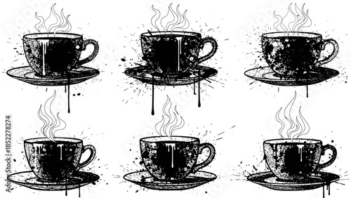 Six black coffee cups with steam rising, set against a white background, with a splattered ink effect.