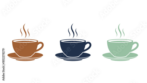 Three steaming cups of coffee on saucers, in different colors and sizes, symbolizing variety and choice in beverage selection