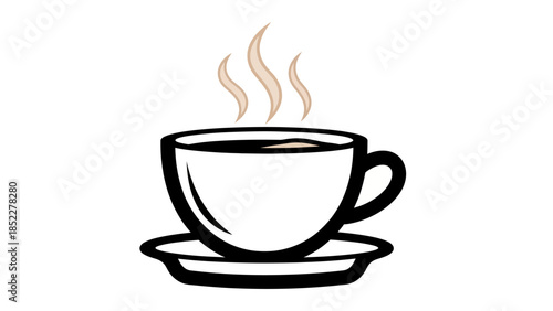 A simple illustration of a white coffee cup with steam rising from it, on a saucer.