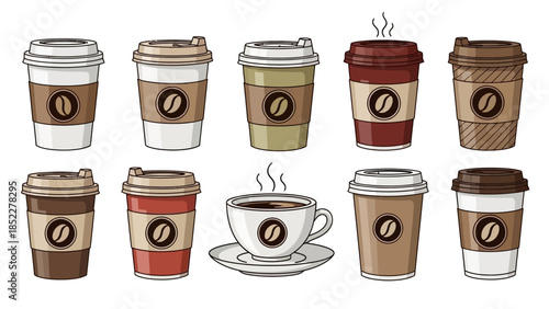 A variety of hot beverages in disposable cups and a classic mug filled with coffee