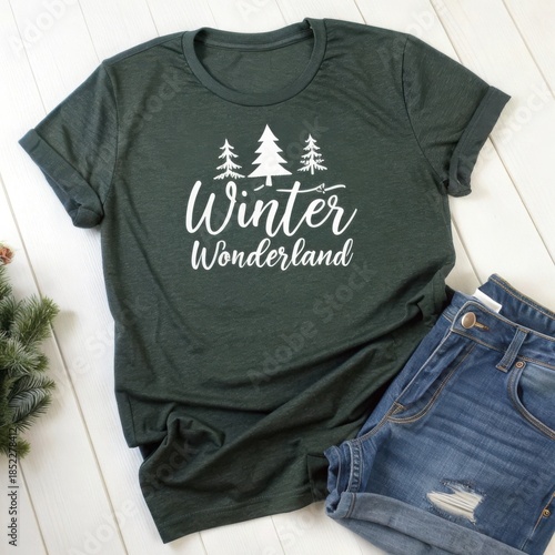 Winter Wonderland typography design on green t-shirt mockup