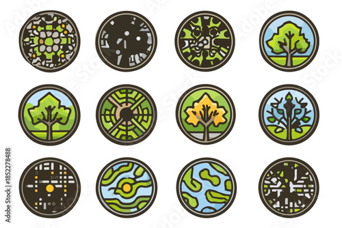 Collection of twelve unique circular icons featuring stylized nature, urban grids, and abstract patterns, perfect for modern design elements.