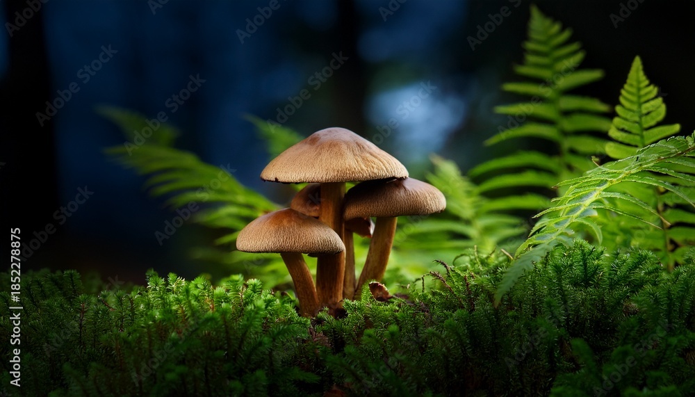 Fototapeta premium Mushrooms Nestled Among Lush Green Ferns In A Moody Atmosphere