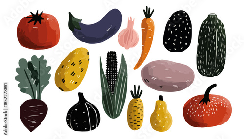 A vibrant collection of stylized, hand-drawn vegetables including tomato, carrot, and corn, ideal for healthy eating designs with a transparent background.