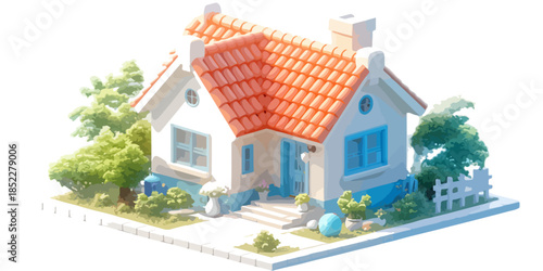 A delightful 3D rendered cartoon house with a vibrant red roof, blue windows, and a green garden, isolated on a transparent background.