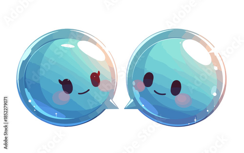 Two cute transparent blue blob characters with smiling faces and pink cheeks, resembling chat icons for digital communication.