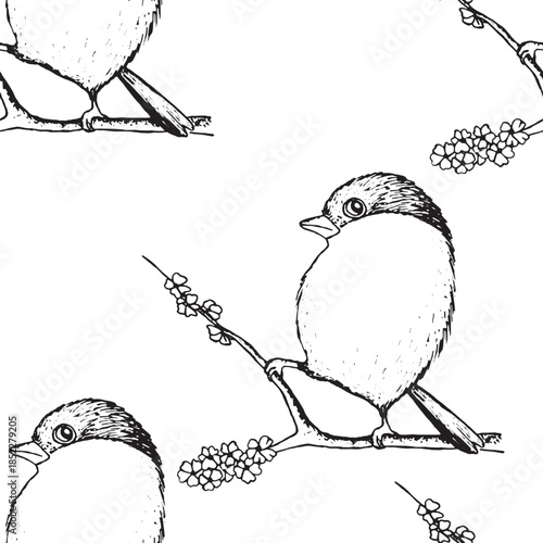 Seamless pattern with funny birds, flowers, leaves. Flat vector illustration with cartoon bird silhouette. Cute characters. Design for invitation, poster, card, textile, fabric.