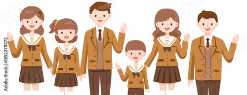 Cheerful cartoon illustration of a diverse family or school community wearing matching brown uniforms, smiling and waving on a transparent background.