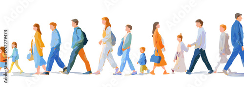 A diverse group of people, including adults and children, are walking in a line, isolated on a transparent background, depicting community movement.