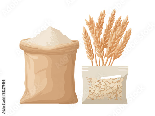 An illustration depicting a rustic burlap sack filled with white flour, alongside golden wheat ears and a transparent package of rolled oats.