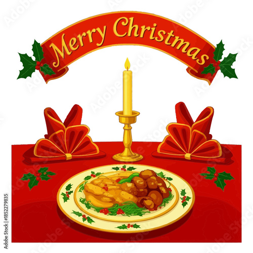 Festive table setting: a gold candle centerpiece, napkins folded into bows, and elegant plates with holly patterns.