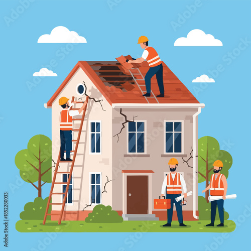 Home Renovation  Repair Workers Fixing Damaged House Exterior.