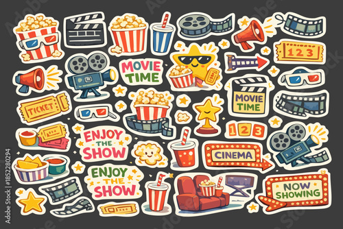 Cute cinema-themed sticker set with popcorn, tickets, film reels, cameras, and icons. Vector elements isolated set. Perfect for packaging, apps, branding, kids design and entertainment projects.