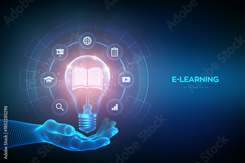 Education. Light bulb with book icon inside in hand. E-learning. Innovative online education technology concept. Webinar, teaching, online training courses. Skill development. Vector illustration.