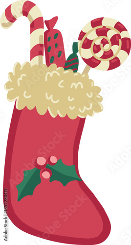Christmas sock with gifts. Red Christmas stocking with candys, candy cane. Red Christmas stocking with white trim. Vector cute childish illustration for greeting cards. Hand drawn vector illustration